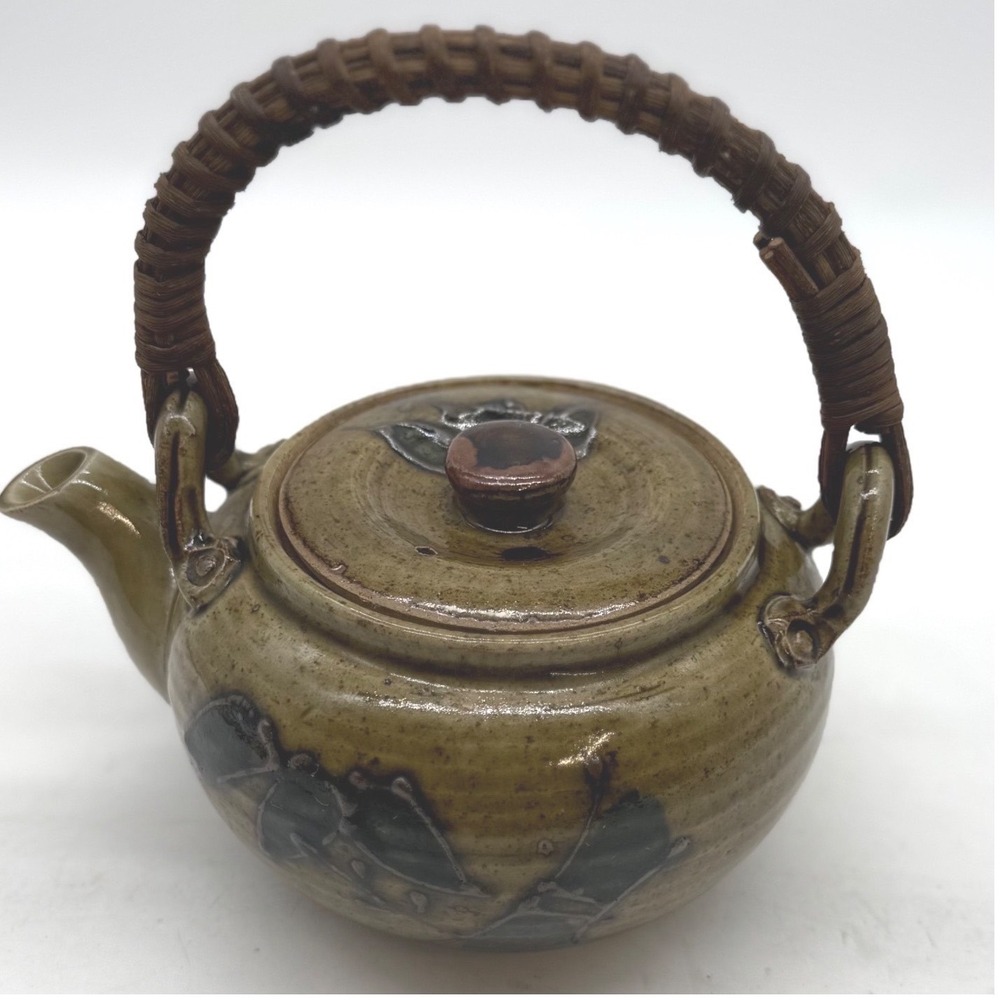Vtg Otagiri Japan Stoneware Teapot Woven Handle Green Speckled Glaze OMC